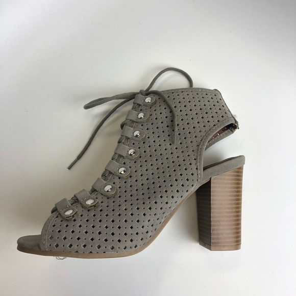 Laser Cut Lace Up Peep Toe Gray Booties - Picture 4 of 5